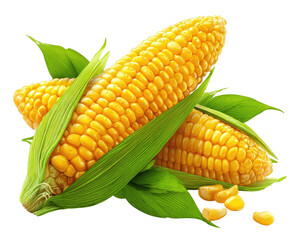 Two golden corn cobs with vibrant green leaves and kernels