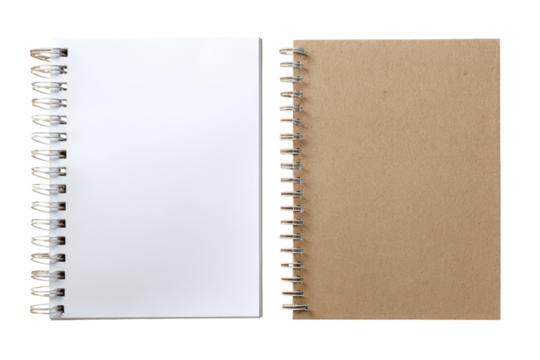 Two spiral-bound notebooks, one white, one kraft paper brown