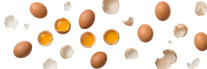 Egg Cascade: A visually appealing capture of fresh brown eggs and broken shells artfully arranged, emphasizing their natural colors, textures, and the essence of food.