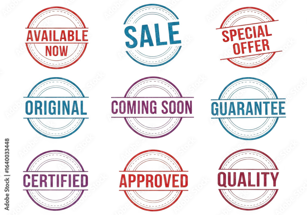 Poster collection of circular stamp graphics isolated on transparent background