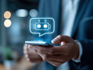 Business man using digital chatbot application Artificial Intelligence (AI) at home for online customer service. AI Chat Technology for Seamless Communication and Customer Engagement