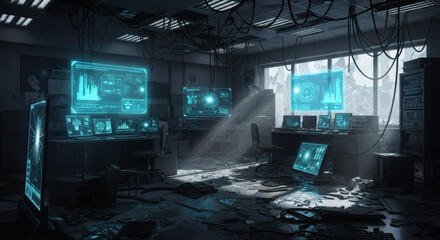 Derelict futuristic lab; glowing screens display data; sunbeam illuminates dust-filled room.