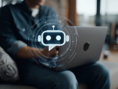 Business man using digital chatbot application Artificial Intelligence (AI) at home for online customer service. AI Chat Technology for Seamless Communication and Customer Engagement