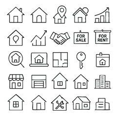 Collection of real estate and property related line icons depicting buying selling renting investment and home repair services