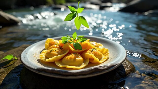 plate of ravioli placed on a flat stone in the middle of a crystal-clear mountain stream, sunlight reflecting off rippling water, fresh herbs scattered around