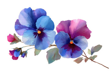 Vibrant, stylized pansies in shades of blue and purple.  Two prominent flowers, with a touch of pink,  display detailed petal shapes and  soft gradients of color.  