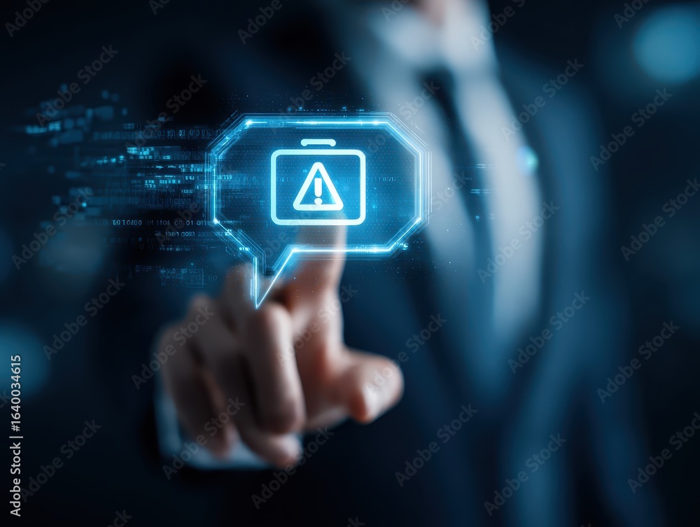 Poster business man using digital chatbot artificial intelligence (ai) with hacking and warning alert. cybe