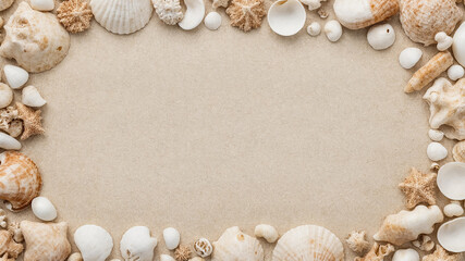 Obraz premium Beach Sand Border Frame Decorated with Assorted Seashells and Starfish image photo