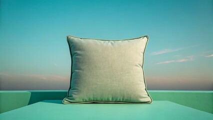 Soft textured cushion resting on a turquoise surface under a cloudy sky