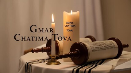 Peaceful candlelit scene with torah scrolls and blessing message for a reflective atmosphere