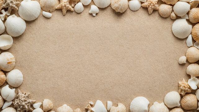 Beach Shells and Starfish Border on Sandy Background seashell marine