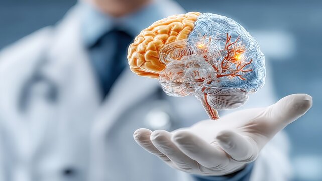 Neurologist showcases 3D brain model highlighting cerebral structure and function