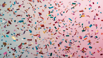 Fototapeta premium Colorful Confetti Falling Against a Soft Pink and White Gradient Background party celebration