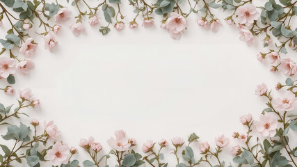 Delicate pink cherry blossoms and eucalyptus leaves forming a decorative border on a white background