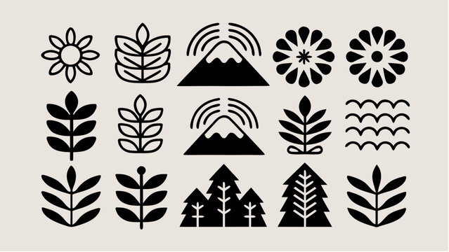 Black and white folk art style pattern featuring flowers leaves mountains and trees in a symmetrical layout |  editable eps vectors silhouette