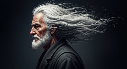 Dramatic portrait of a stylish senior man with long grey hair blowing in the wind