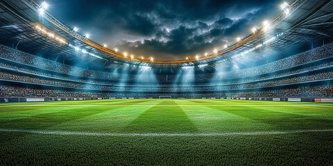 Spectacular stadium view with bright lights and a vibrant green field