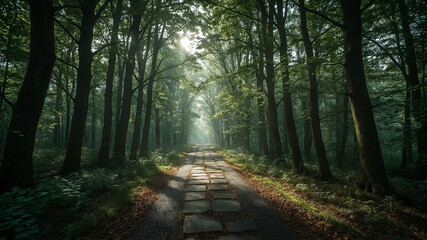 Obraz premium Sunlit stone pathway through a dense forest with tall trees and dappled light woods