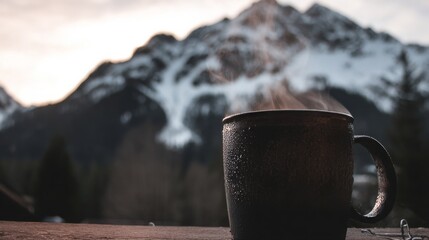 A steaming mug of coffee in front of a majestic snow-covered mountain range.