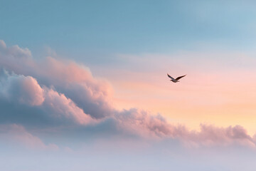 Fototapeta premium A bird flying freely in the sky. The scene captures the essence of freedom, serenity, and the boundless sky