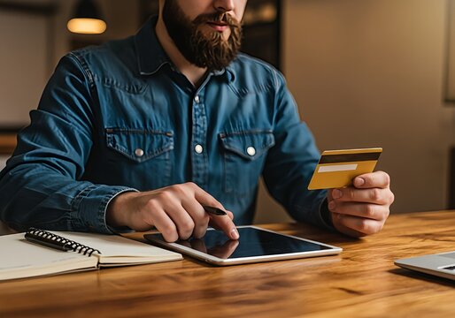 Man using tablet and credit card for online shopping at home