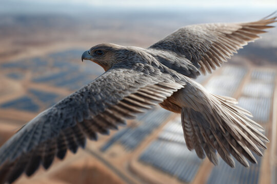 A majestic falcon soaring through the air with its wings spread wide, creating an impressive sight