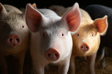 A group of curious young pigs looking directly at the camera, close up, portrait style. They have different colors and stand close together.
