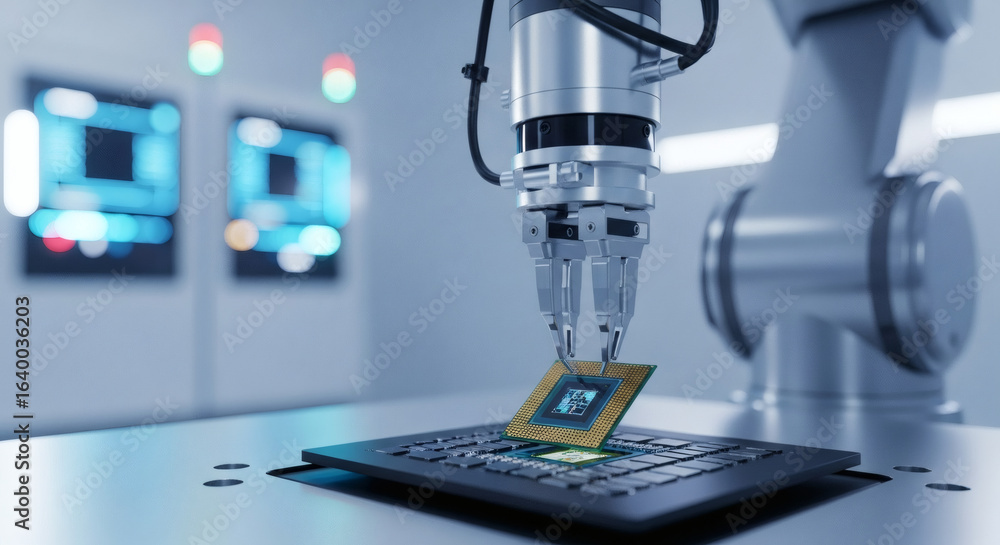 Poster a precision robotic arm places a computer processor onto a circuit board in a modern, automated fact