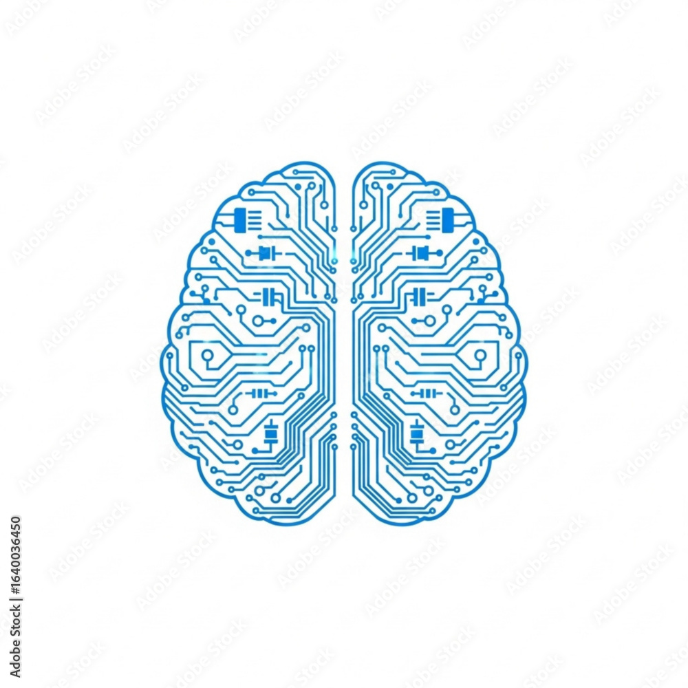 Poster illustration of a stylized brain with circuit board patterns in light hue on a plain canvas view