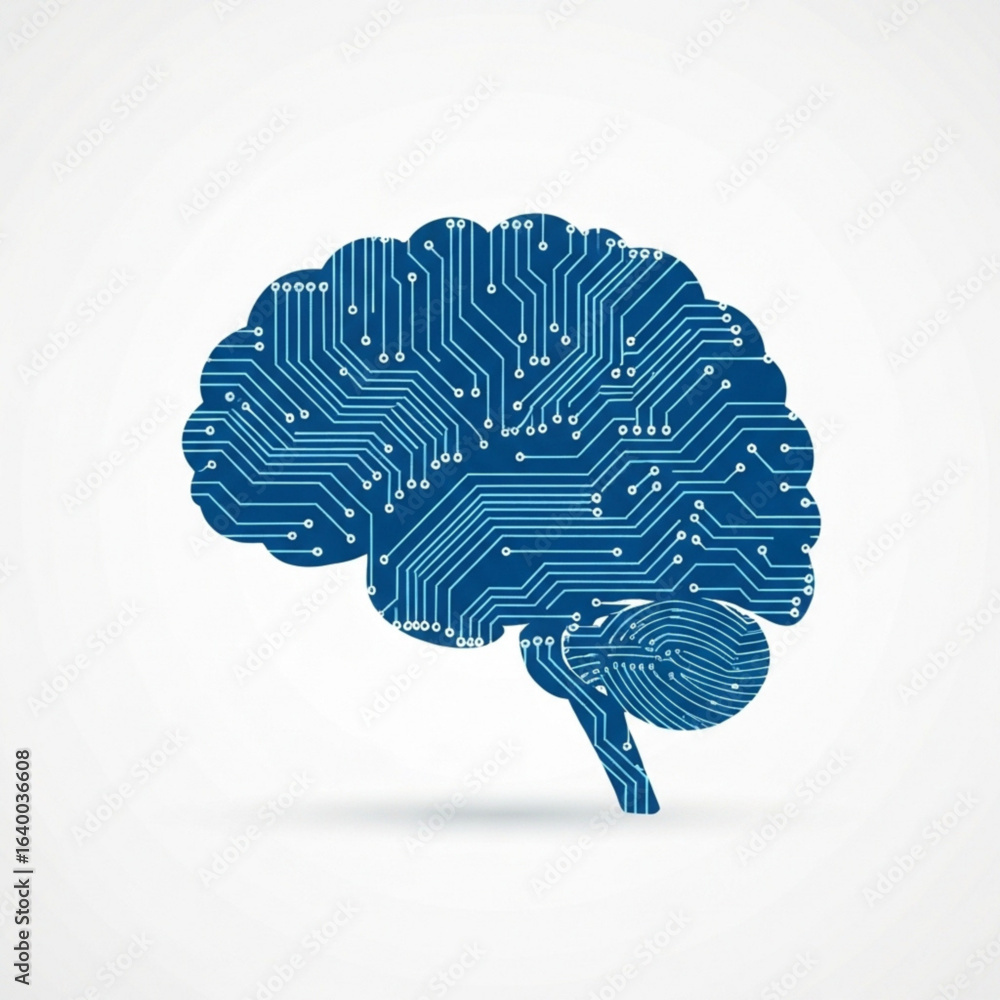 Poster illustration of a human brain with circuit patterns symbolizing artificial intelligence and neural n