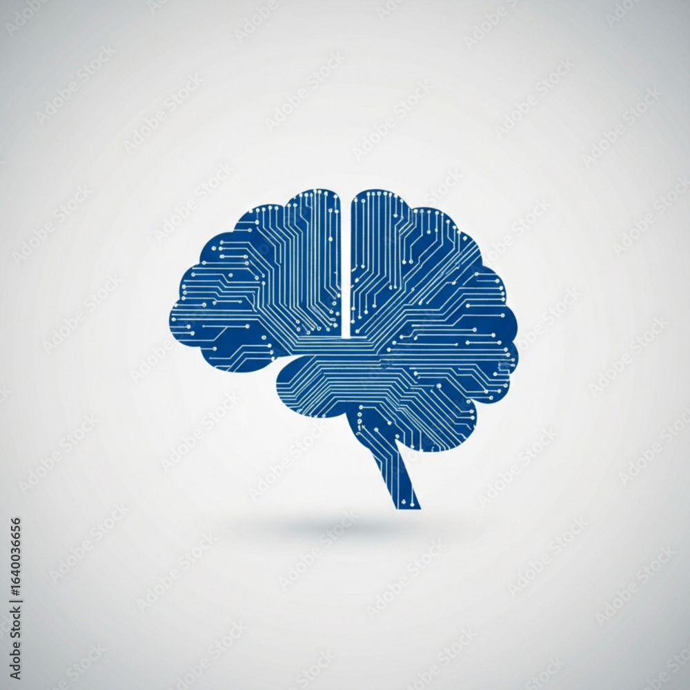 Poster illustration of a human brain with circuit patterns on a light color gradient surface design concept