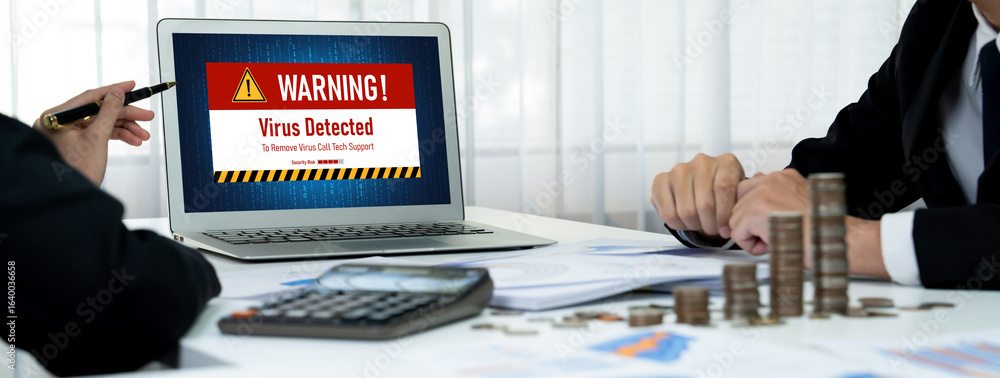 Poster virus warning alert on computer screen detected brisk cyber threat , hacker, computer virus and malw