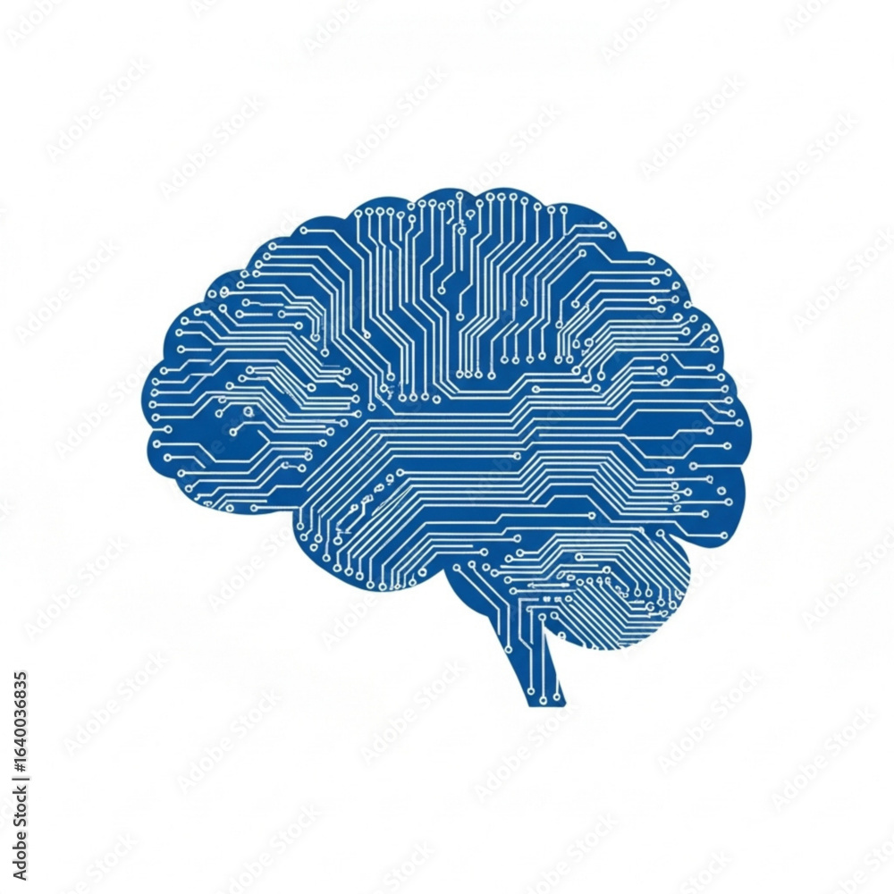Aufkleber illustration of a cerebral organ with circuit patterns on a plain field in a digital style view