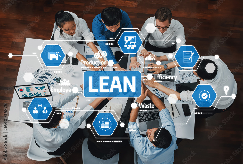 Poster a group of professionals collaborates in a meeting to discuss lean efficiency and process improvemen