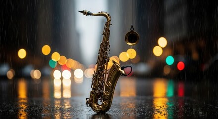 A golden saxophone stands alone in the rain reflecting the city lights creating a moody atmosphere