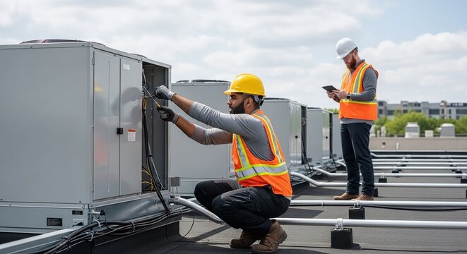 HVAC Technician Working on Rooftop Unit with Colleague