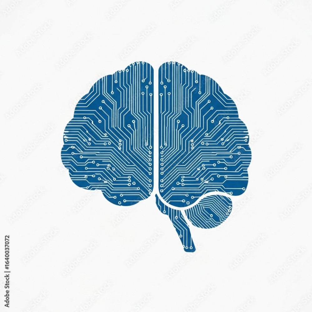 Poster illustration of a human brain with circuit patterns in shades of cyan on a plain white setting view