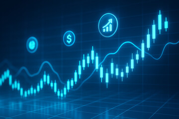 Photorealistic futuristic blue stock market trading interface featuring glowing candlestick chart, floating icons, digital grid, high tech financial analytics background