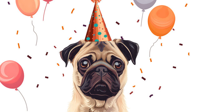 Adorable Pug Wearing Party Hat - Vibrant Illustration for Celebration Themes - Powered by Adobe