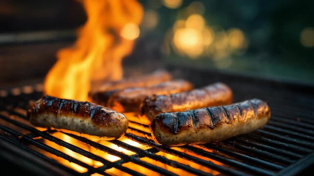 grill barbecue sausage with fire and smoke on grill rack