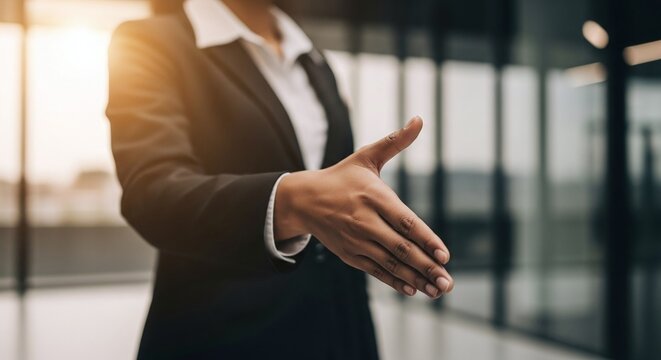 Businesswoman Offering Handshake in Office with Blurred Background