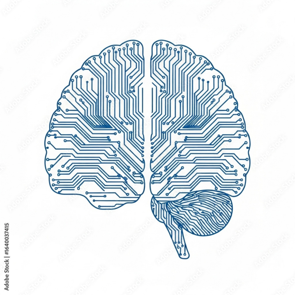 Poster circuit board representation of human brain with intricate connections and neural pathways shown cle