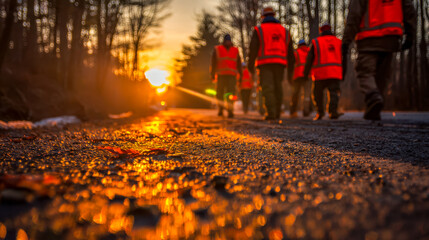Emergency responders walking along a rural road at sunset during a rescue operation