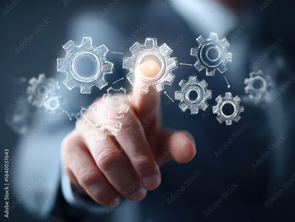 Aufkleber business process automation bpa technology. workflow system. businessman touching gears icon on flow