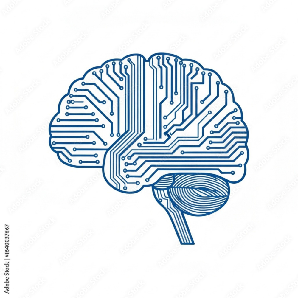 Poster stylized brain illustration with circuit board pattern in blue on a plain presentation surface view