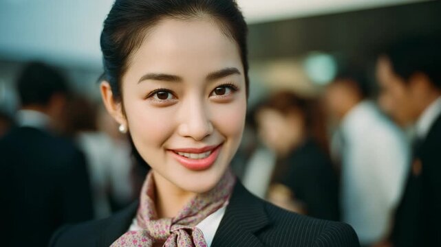 pretty young Asian woman smiling in business attire with bow and jacket 