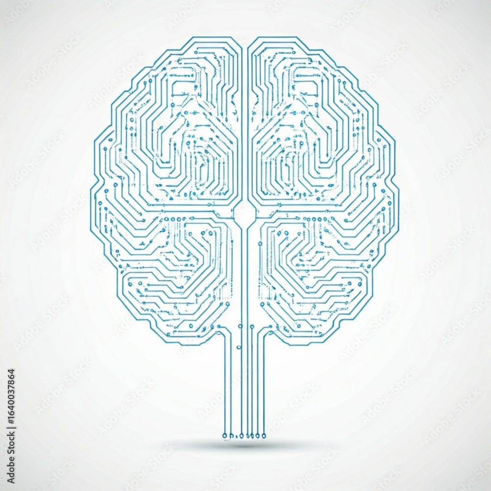 Poster illustration of a brain shaped circuit board with intricate lines and connections on a light surface