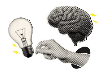 Halftone collage with hand,brain and light bulb,trendy collage elements,smart thinking concept