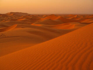 Golden hour desert landscape with rolling sand dunes