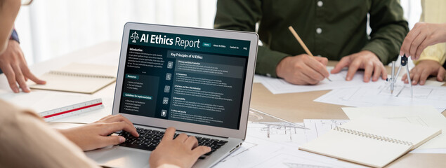 AI ethics responsibility standard law and rules on computer screen provide report of AI ethic...